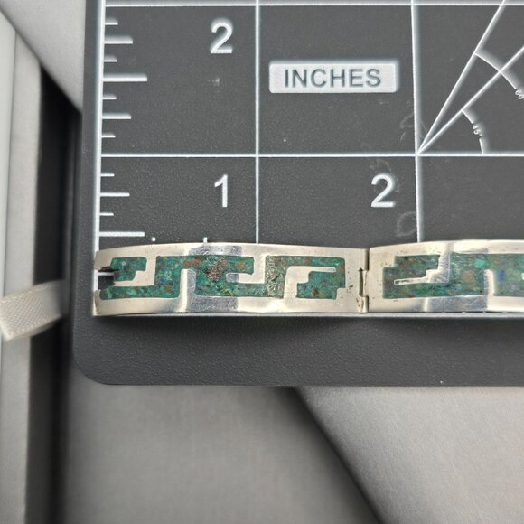 VTH Taxco Castaneda Sterling Silver Turquoise Bracelet 7" Aztec Geometric Inlay - Picture 9 of 10